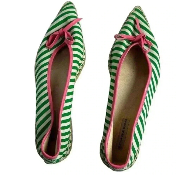 Extra-fine Sugar Espadrilles Size 6 Green/White Stripe with Pink Bow Flats - Picture 13 of 16